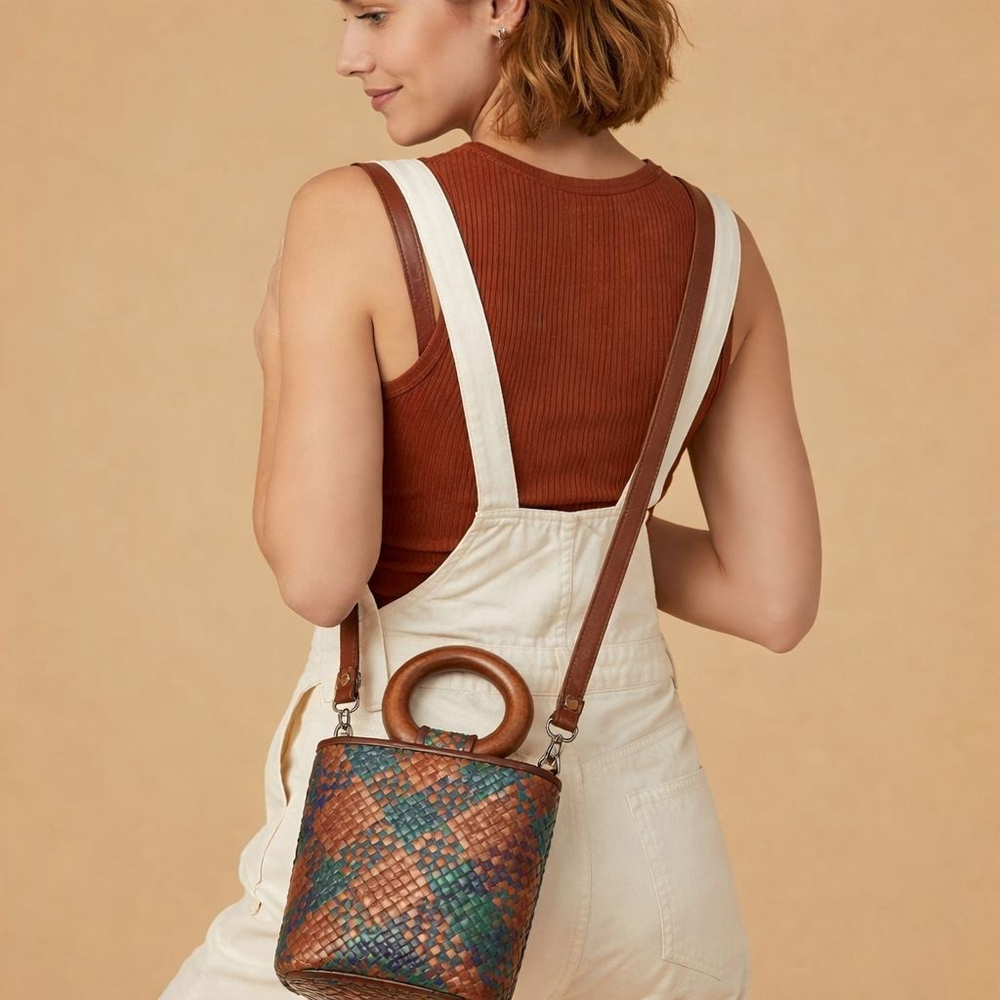 Women's Vintage Woven Crossbody Bucket Bag Wood Handle One Size Brown Teal